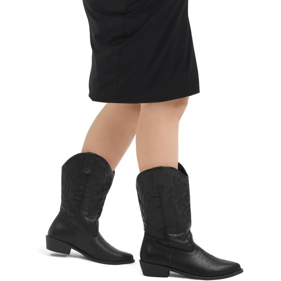 mysoft Women's Black Western Cowboy Boots Mid Calf Pointed Toe Cowgirl - Picture 3 of 6